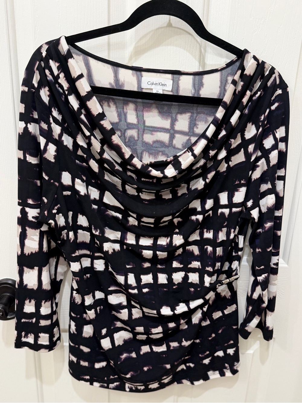 Calvin Klein Black and Cream Abstract Grid Cowl Top